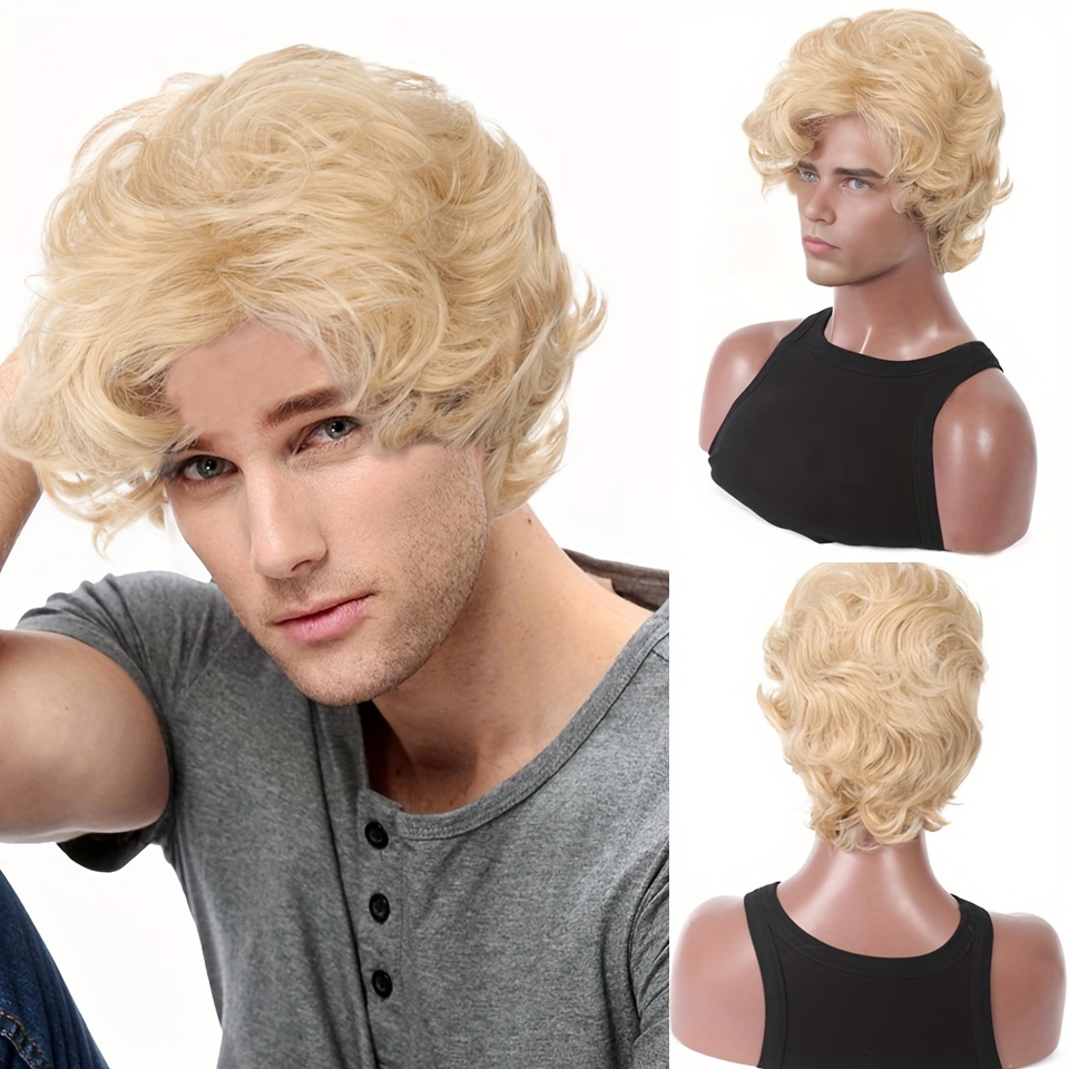 Mens Blonde Wig Short Wavy Flu - огляд і ціна Synthetic Wigs